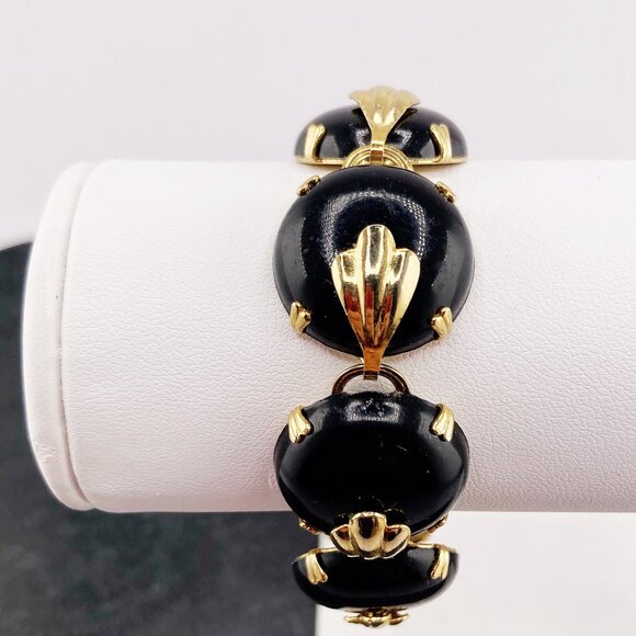 VINTAGE Black plastic and gold toned metal domed disk bracelet 1950s 1960s goth - Picture 2 of 11
